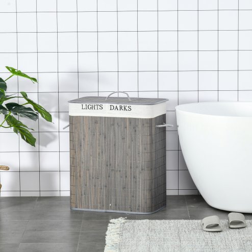 HOMCOM 100L Laundry Basket with Lid String Handles, 2 Section Collapsible Hamper Removable Lining Foldable Water-Resistant Dirty Clothes Storage, Grey