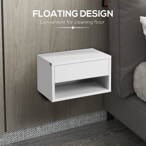 HOMCOM Floating Bedside Table Set of 2 Wall Mounted Nightstand with Storage Drawer and Open Shelf for Bedroom, High Gloss White