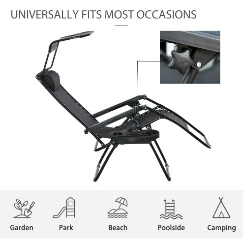 Outsunny Foldable Reclining Garden Chair with Headrest, Zero Gravity Deck Sun Lounger Seat Chair with Footrest, Armrest, Cup Holder & Canopy Shade, Black
