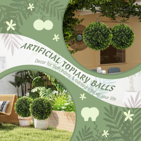 HOMCOM Set of 2 Artificial Plant Topiary Balls, UV-protected Fake Decorative Plants, Faux Plants for Home Indoor Outdoor Decor, 45cm, Green