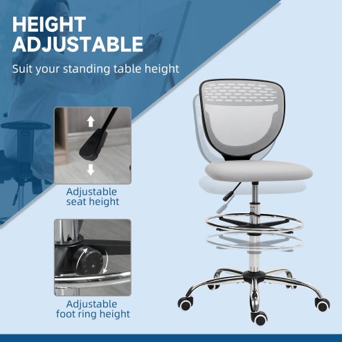 Vinsetto Drafting Chair, Swivel Office Draughtsman Chair, Mesh Standing Desk Chair with Adjustable Foot Ring, Armless, Light Grey