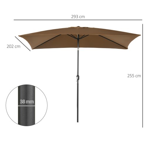 Outsunny 3x2m Garden Parasol Umbrella with Tilt and Crank, Outdoor Sun Shade Canopy with Aluminium Frame and Steel Ribs, Rectangular, Brown