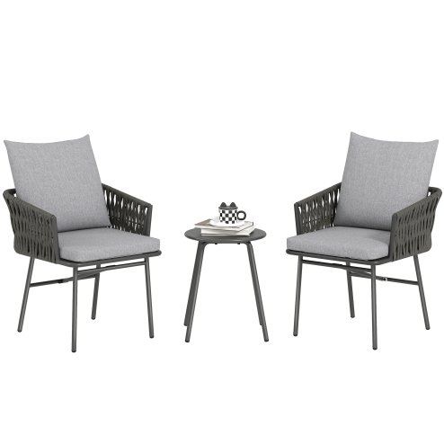 Outsunny 3-Piece Rattan Bistro Set, Garden Table and Chairs with 4 Cushions, Patio Rattan Conversation Furniture Set for Balcony, Porch, Terrace, Grey