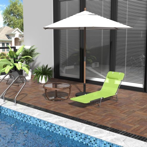 Outsunny Outdoor Foldable Sun Lounger, Adjustable Backrest Garden Recliner Sun Lounger Chair with Headrest Pillow, Green