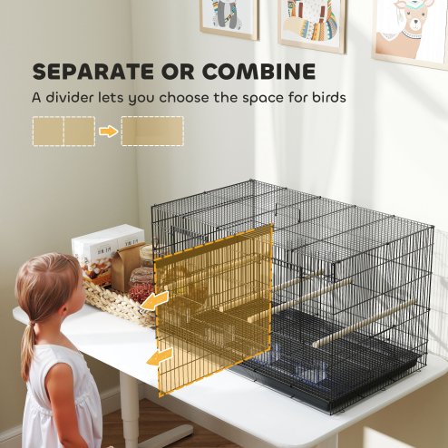 PawHut Bird Cage with Divider, Parrot Cage with 4 Wooden Perches, Slide Out Tray, 4 Feeders, for Budgie, Lovebird, Canary, Finches, 76 x 46 x 46cm, Black