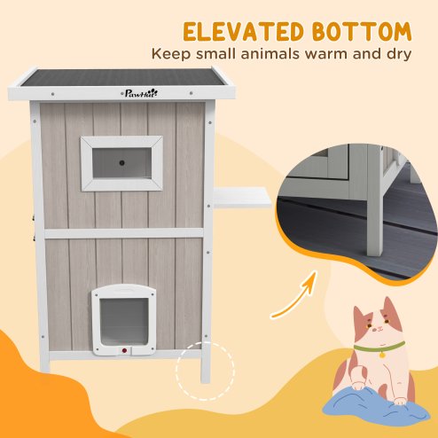 PawHut Outdoor Cat House, Wooden Cat Shelter 2 Tiers Feral Cat house with Removable Bottom, Escape Doors, Asphalt Roof, for 1-2 Cats - Light Grey