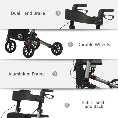 HOMCOM 4 Wheel Rollator with Seat and Back, Folding Mobility Walker with Carry Bag, Adjustable Height, Dual Brakes, Cane Holder, Lightweight Aluminium Walking Frame for Seniors and Disabled