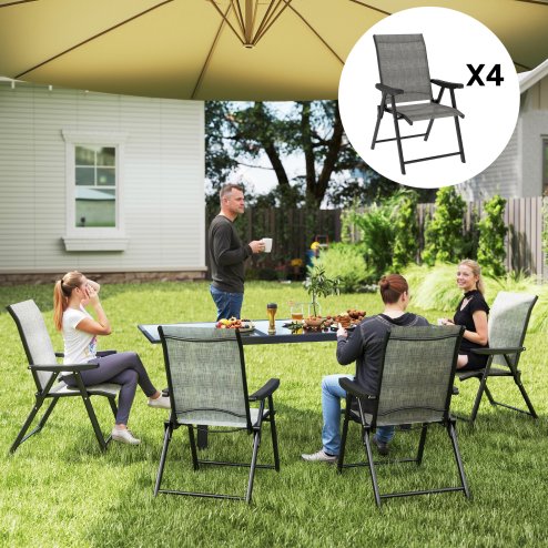 Outsunny Set of 4 Folding Chair, Garden Chair Set with Breathable Mesh Back and Seat, Outdoor Camping Chairs with Armrests, Steel Frame for Deck Balcony, Black and Grey