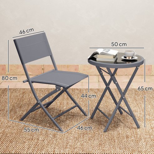 Outsunny 3 Pieces Outdoor Bistro Set, Glass Top Outdoor Table and 2 Folding Chairs, Garden Furniture Set with Protecting Feet, Steel Frame, Easy Clean, Grey
