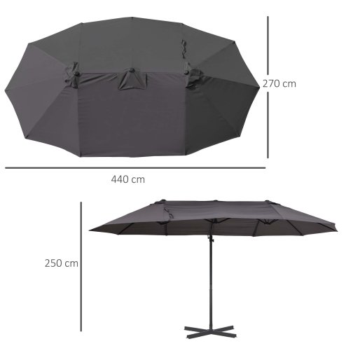 Outsunny 4.4m Large Garden Parasol, Double-Sided Cantilever Parasol with Base Included, Patio Umbrella Sun Shade with Steel Pole 12 Ribs Crank Handle Easy Lift Twin Canopy, Grey