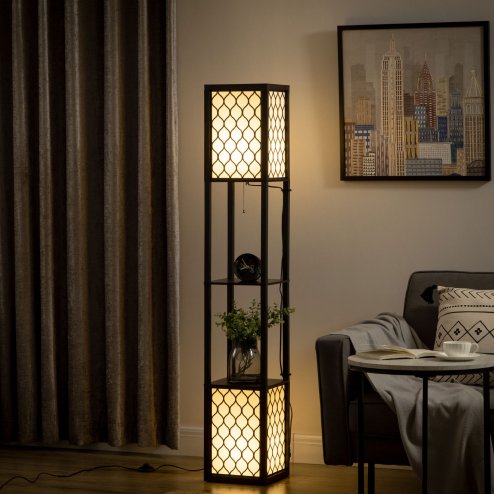 HOMCOM Modern Shelf Floor Lamp Light with Two Open Shelves Large Storage Display, for Living Room, 160cm, Bulb not Included, Black