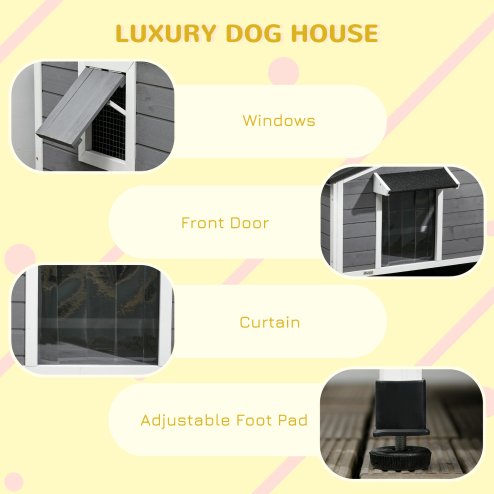 PawHut Wooden Dog Kennel Outdoor, Elevated Dog House for Outside, with Openable Top, Asphalt Roof, Windows, Curtain, Removable Tray, Adjustable Legs, 65H x 97L x 72Wcm, Grey