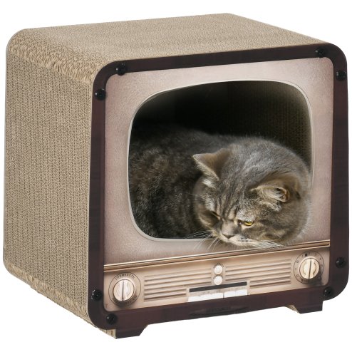 PawHut Cat Scratching Board, Cat Scratcher TV Shape Corrugated Cardboard 2 in 1 Cat House with Catnip, for Indoor Cats, Brown