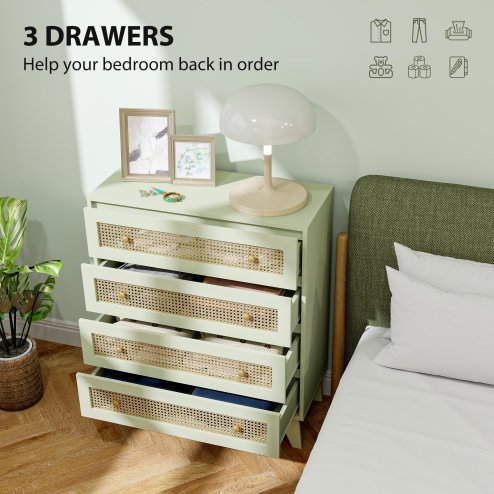 HOMCOM Chest of Drawers, 4-Drawer Storage Organiser Unit with Rattan Element for Bedroom, Living Room, Light Green