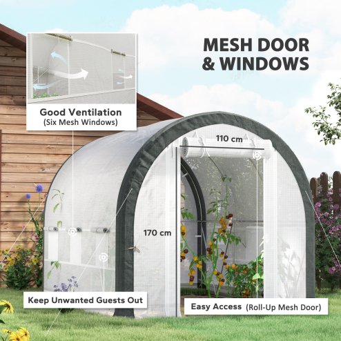 Outsunny 3 x 2(m) Walk-in Polytunnel Greenhouse with Upgraded Structure, Zipped Roll Up Mesh Door, 6 Mesh Windows, Tunnel Warm House Tent with PE Cover, 6 Plant Labels and Gloves, White