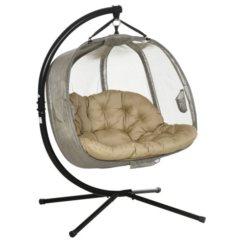 Outsunny Double Hanging Egg Chair 2 Seaters Texteline Swing Hammock Chair with Stand, Cushion and Folding Design, for Indoor and Outdoor, Brown Image