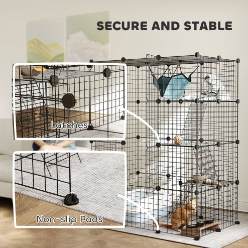 PawHut Cat Cage Indoor, DIY 4 Tier Wire Cat Enclosure with Hammock, Ramps, Doors, Jumping Platforms, Detachable Catio Indoor for 1-3 Cats, 105 x 70 x 140 cm, Black