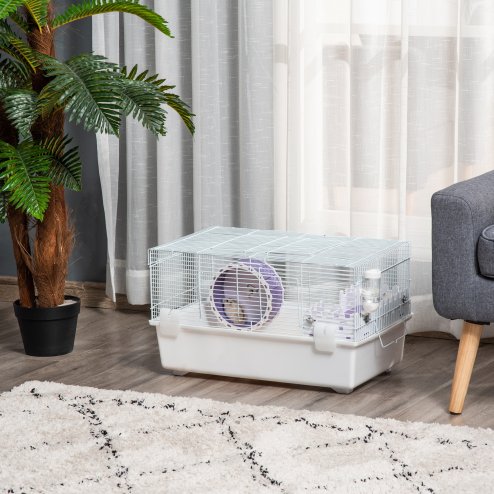 PawHut 2 Tier Hamster Cage, Gerbil Cage with Exercise Wheel, Water Bottle, Ladder, White Image