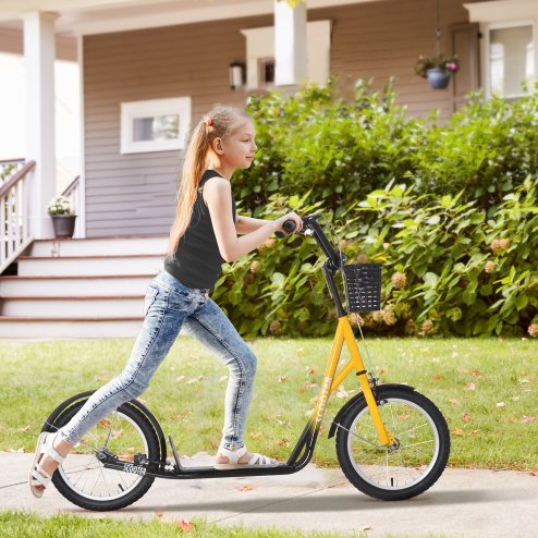 HOMCOM Kids Scooter, Kick Stunt Scooter with Adjustable Handlebar, Dual Brakes, Basket, Cupholder, Mudguard, 16