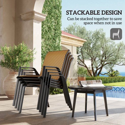 Outsunny Stackable Outdoor Chairs Set of 4, Rattan Garden Chairs with Armrests and Backrest for Deck, Khaki