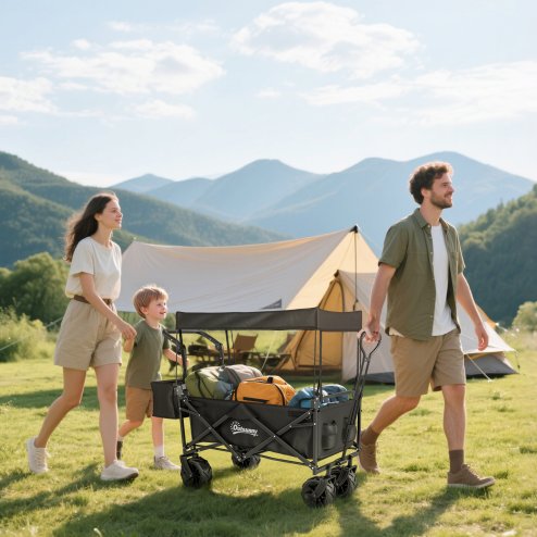 Outsunny 120L Festival Trolley on Wheels, Folding Camping Trolley Cart with Removable Canopy, All-Terrain Wheels, Adjustable Handle and Side Pockets for Garden Beach Fishing Shopping, Black