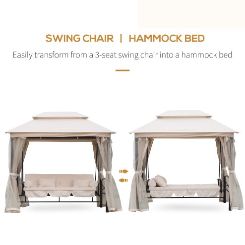 Outsunny 3 Seater Convertible Swing Chair, Outdoor Gazebo Swing Seat Bed with Double Tier Canopy, Cushioned Seat, Mesh Sidewalls and Curtains, Beige