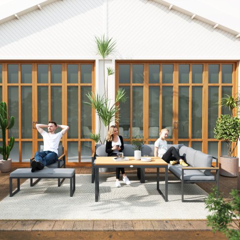 Outsunny 6 Piece L Shaped Garden Furniture Set, 9 Seater Outdoor Corner Sofa Set with 3 Loveseats, Bench, Chair, Wide and Deep Seats, WPC Top Coffee Table, Thick Cushions, Natural Wood Finish