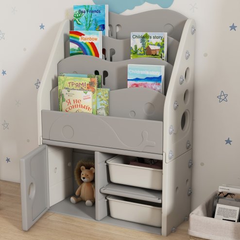 AIYAPLAY Kids Storage Units, Toy Organiser with 2 Storage Boxes, 4 Tier Bookshelf, Cabinet, for Playroom, Bedroom, Kid Room, Living Room, 67 x 29 x 98cm, Light Grey