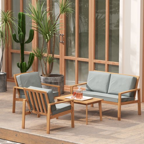 Outsunny 4 Pieces Garden Furniture Set with Cushions, Wooden Garden Sofa Set with 1 Loveseat, 2 Armchairs and 1 Coffee Table, Outdoor Table and Chairs for Conservatory, Balcony, Patio, Teak