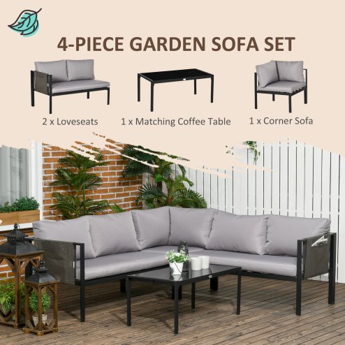 Outsunny 5 Seater Garden Corner Sofa Set, 4 Pieces Metal Garden Furniture Set with Loveseats, Glass Top Coffee Table, Breathable Mesh Pocket, Outdoor Conversation Furniture with Cushions, Light Grey