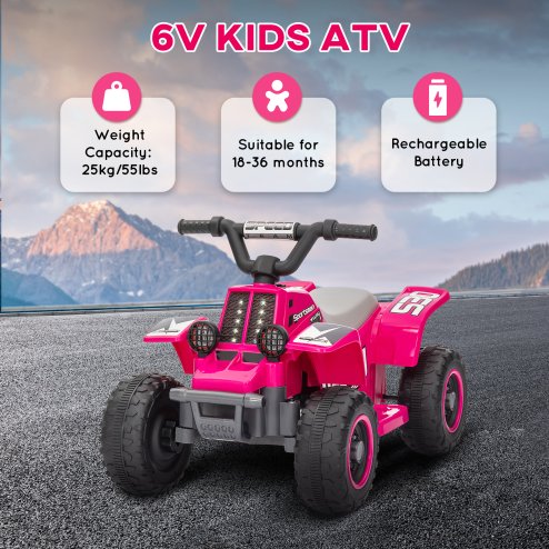AIYAPLAY 6V Electric Car for Kids, Battery Powered Kids ATV, Quad Bike with Forward Backward, LED Headlights, for Ages 18-36 Months, Pink