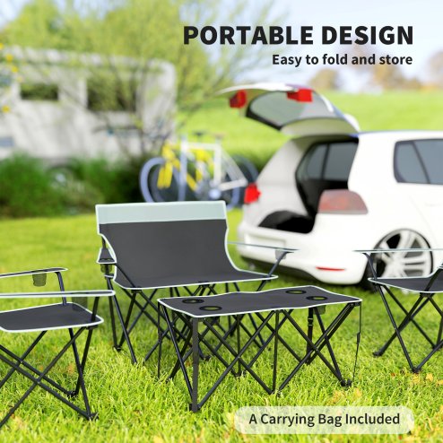 Outsunny 4 Piece Foldable Camping Table and Chairs Set, Portable Picnic Table with 3 Chairs, Cup Holders and Carrying Bag, Outdoor Lightweight Table Set for BBQ, Picnic, Parties, Grey