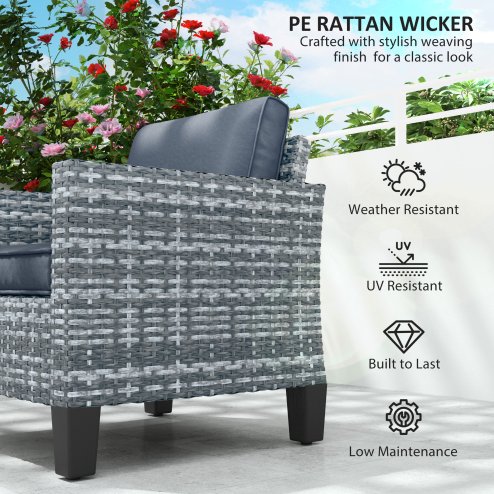 Outsunny Single Seater Rattan Garden Armchair, PE Wicker Rattan Chair with Armrests and Cushions, Garden Chair with Galvanised Steel Frame for Conservatory, Porch, Light Grey