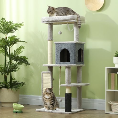 PawHut Cat Tree for Indoor Cats, 132cm Cat Tower with Scratching Posts and Pad, Cat Bed, Cat House, Jumping Platform, Grooming Brush, Toy Balls, Anti-Tip Kit, Cat Climbing Frame, Light Grey