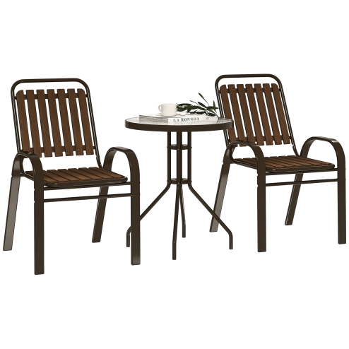 Outsunny 3 Pieces Patio Bistro Set, Garden Furniture Set with Stackable Chairs, Tempered Glass Table, Rust Resistant for Outdoor, Balcony, Patio, Garden, Dark Brown