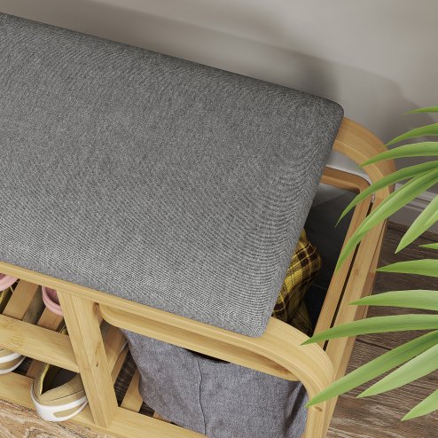 HOMCOM Bamboo Shoe Bench with Cushion, Shoe Rack Bench with 2 Slatted Shelves and Pull-Out Fabric Basket for Hallway, Entryway, Living Room, Nature Wood Finish
