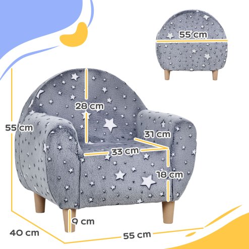 AIYAPLAY Kids Armchair, Glow in the Dark Single Chair with Star Design, Upholstered Toddler Tub Chair for Bedroom, Playroom, Kid Room, Grey