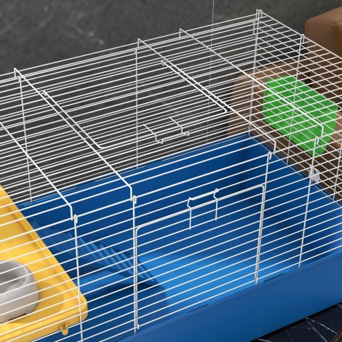 PawHut Guinea Pig Cage Chinchillas Rabbit Small Animal Cage with Ramp, Dish, Water Bottle, 99 x 52 x 53cm, Blue