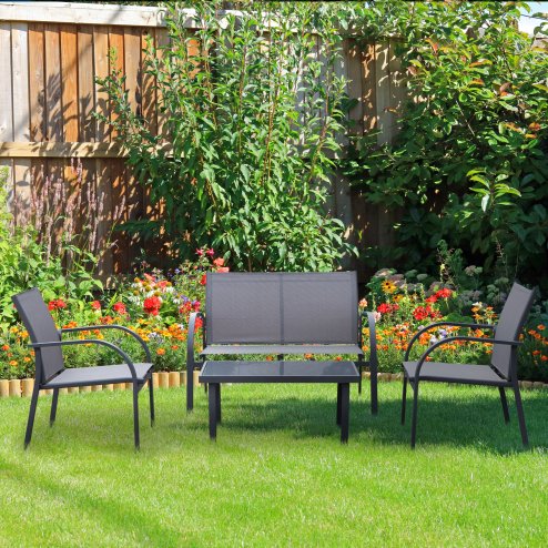 Outsunny 4 Pcs Curved Steel Outdoor Furniture Set w/ Loveseat, 2 Texteline Seats, Glass Top Table Garden Balcony Patio Furniture For Family Party Events Guests -Grey