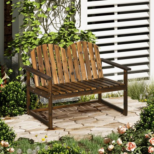 Outsunny Outdoor Wooden Garden Bench, Patio Loveseat Chair with Slatted Backrest and Smooth Armrests for Two People, for Yard, Lawn, Porch, Carbonised Finish Image