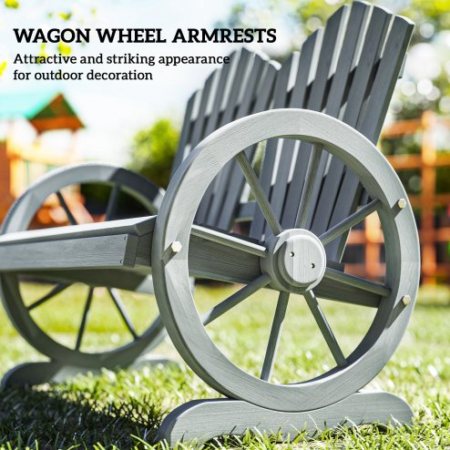 Outsunny 2 Seater Garden Bench, Comfortable Fir Wood Love Chair with Wagon Wheel-Shaped Armrests, Outdoor Adirondack Wooden Loveseats, Grey