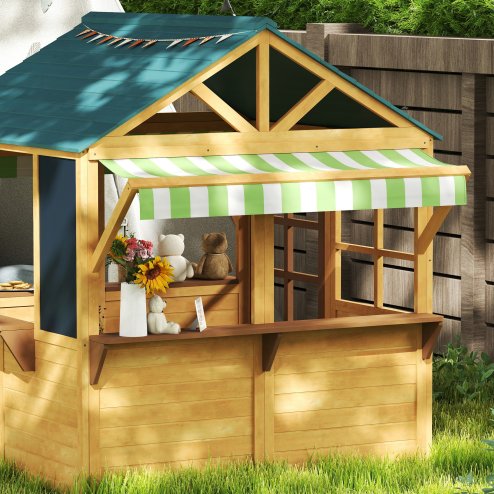 AIYAPLAY Wooden Playhouse for Kids Outdoor, Foldable Wendy House with Windows, Working Door, Service Stations, Rain Covers, Blackboards, Kids Garden Toys for 3-8 Years