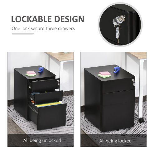 Vinsetto 3-Drawer Mobile Filing Cabinet, Steel Lockable File Cabinet for A4, Legal, Letter, Compact Under Desk Storage Unit with Pre-Assembled Body Except Wheels for Home Office, 39 x 48 x 59cm, Black