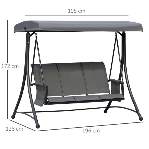 Outsunny 3 Seater Garden Swing Seat Outdoor Swing Chair with High Back Design, Steel Frame, Side Pouches, Adjustable Canopy, Charcoal Grey