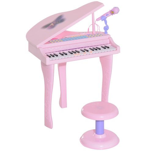 HOMCOM 37 Keys Kids Mini Electronic Keyboard Children Grand Piano with Stool Microphone Light Musical Instrument Educational Game Toy Set (Pink) Image