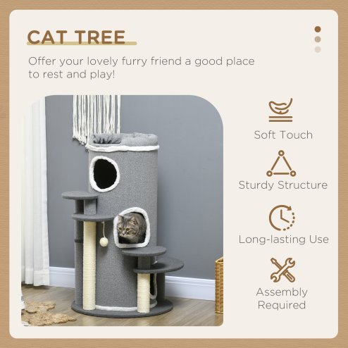 PawHut Cat Tree for Indoor Cats, 3 Tier Cat Tower Barrel Shaped with Sisal Scratching Posts, Cat Bed, Platforms, Hanging Ball, Grey