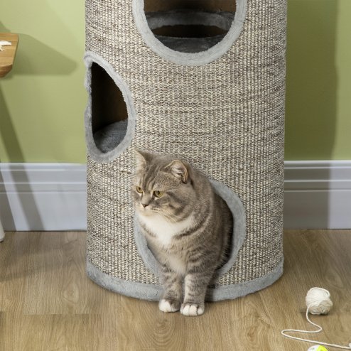 PawHut Cat Barrel Kitten Tree Tower for Indoor Cats, Cat Climbing Frame, Covered in Sisal, Cosy Platform - Light Grey