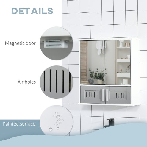 kleankin Bathroom Mirror Cabinet, Wall Mounted Storage Cupboard with Double Doors and Adjustable Shelf, Bathroom Organizer