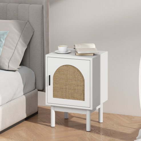 HOMCOM Rattan Bedside Table, Boho Bedside Cabinet with Adjustable Shelf and Solid Wood Legs, Side Table for Living Room, Bedroom