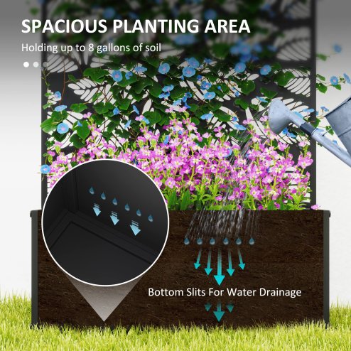 Outsunny Metal Garden Bed with Trellis, Wall Mounted or Freestanding Raised Planter with Privacy Panel, Leaf Cut-out Privacy Screen with Planter Box for Climbing Plants, Flowers, Vegetables